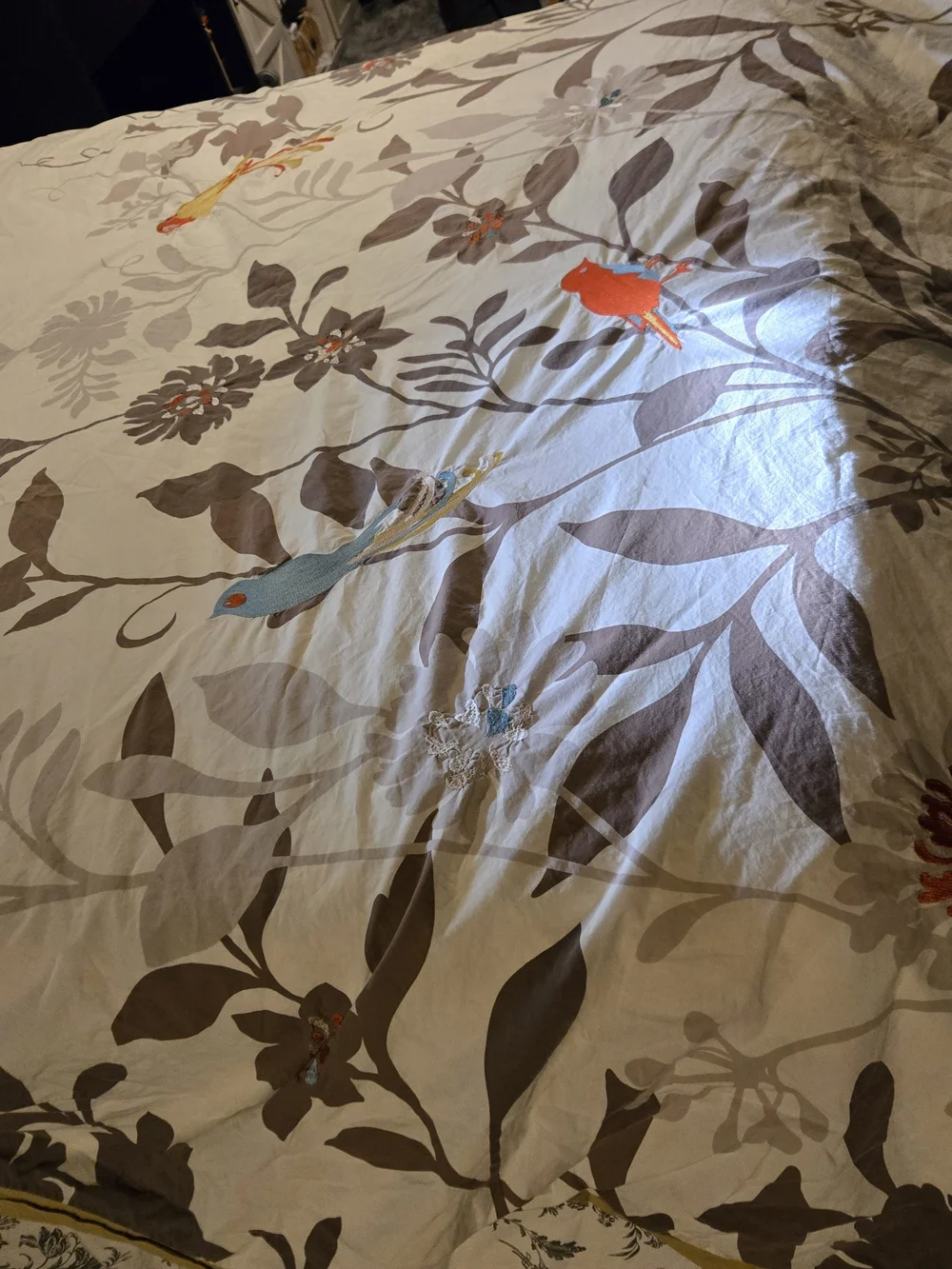 Hillcrest Cotton Neutral Floral Cotton Duvet Cover with Bird And Leaf Print